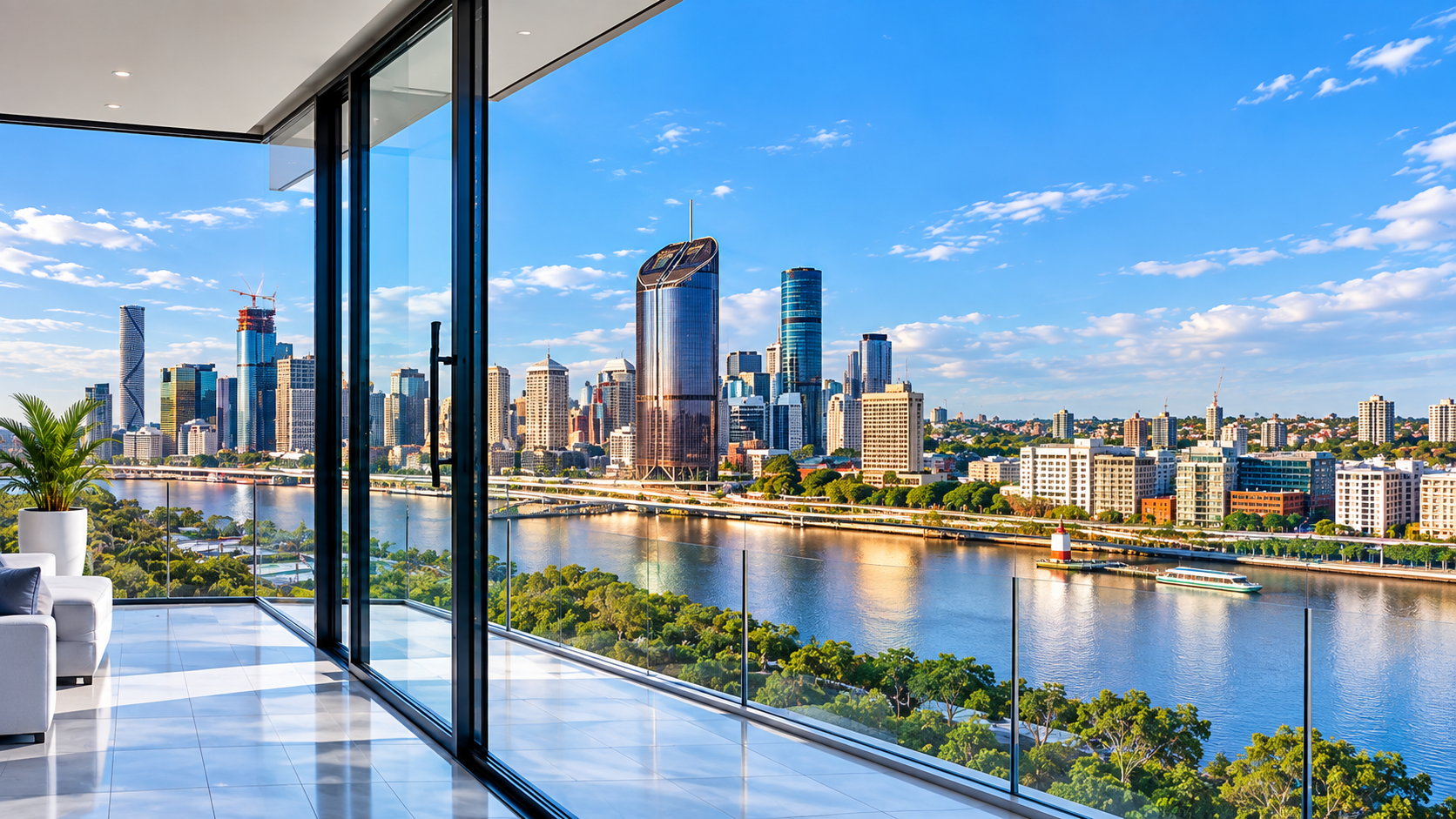Aluminium glazing and sliding doors overlooking the Brisbane skyline